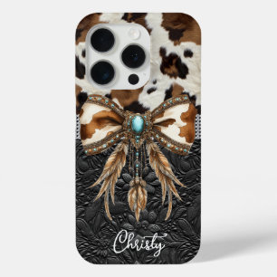 Cowhide Black Leather Jewel Bow iPhone 15 Pro Case