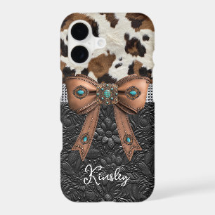Cowhide Black Leather Jewelled Bow iPhone 17 Case