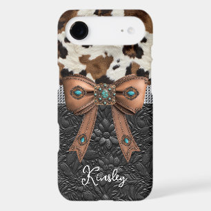 Cowhide Black Leather Jewelled Bow iPhone 17 Air Case