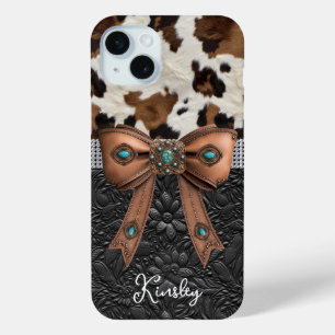Cowhide Black Leather Jewelled Bow iPhone 15 Plus Case