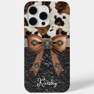Cowhide Black Leather Jewelled Bow iPhone 15 Pro Max Case
