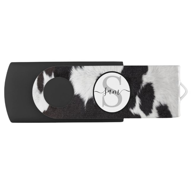 Cowhide Black White Monogram Flash Drive (Front)