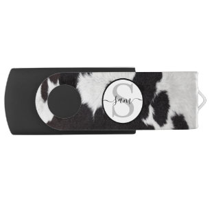 Cowhide Black White Monogram Flash Drive