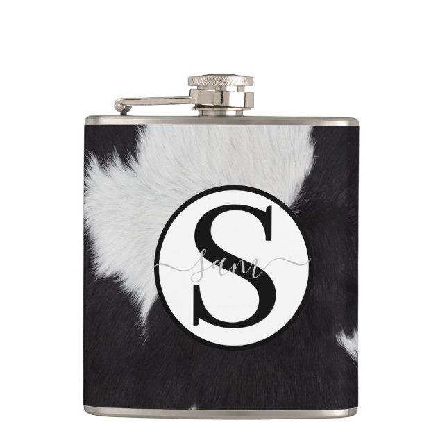 Cowhide Black White Monogram Flash Drive Flask (Front)