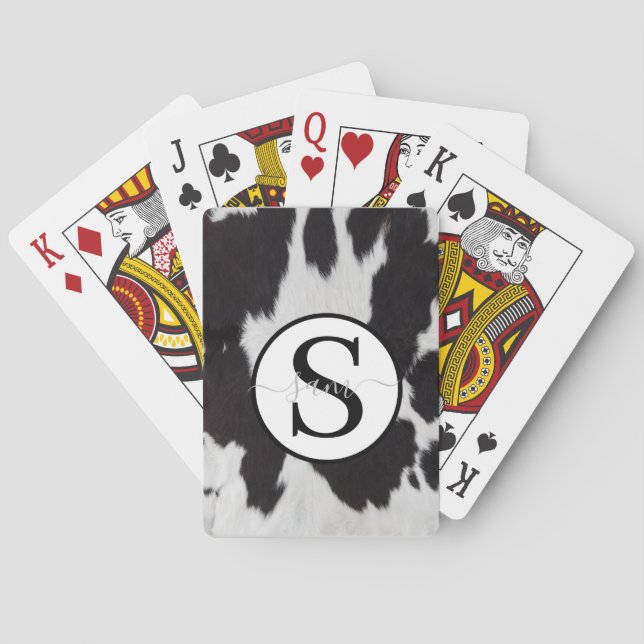 Cowhide Black White Monogram  Poker Cards (Back)