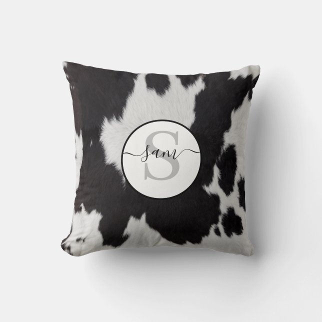 Cowhide Black White Monogram Throw Pillow (Front)