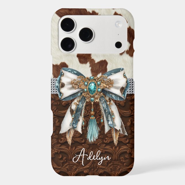 Cowhide Brown Leather Jewelled Bow Case-Mate iPhone Case (Back)