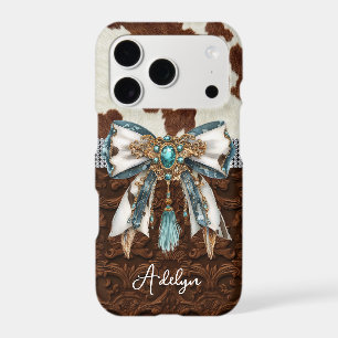 Cowhide Brown Leather Jewelled Bow iPhone 17 Pro Case