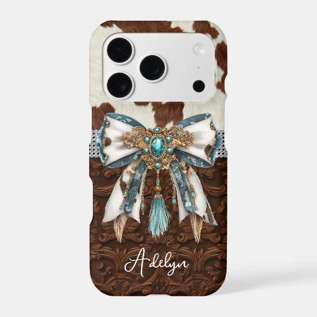 Cowhide Brown Leather Jewelled Bow Case-Mate iPhone Case (Back)