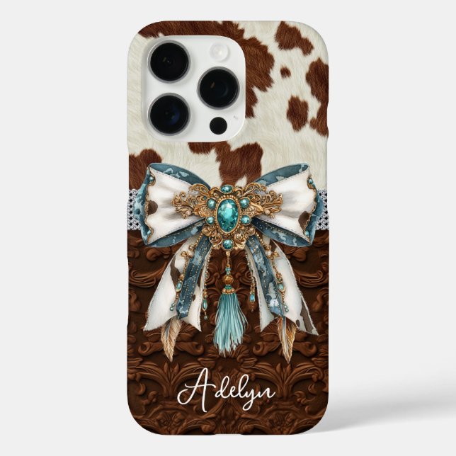 Cowhide Brown Leather Jewelled Bow Case-Mate iPhone Case (Back)