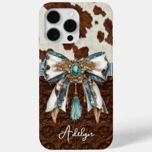 Cowhide Brown Leather Jewelled Bow iPhone 15 Pro Max Case