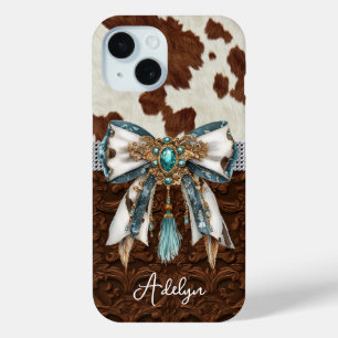 Cowhide Brown Leather Jewelled Bow iPhone 15 Case