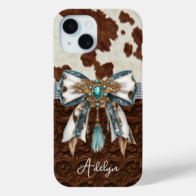 Cowhide Brown Leather Jewelled Bow Case-Mate iPhone Case (Back)