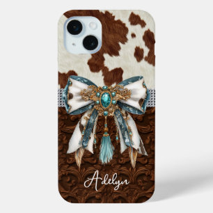 Cowhide Brown Leather Jewelled Bow iPhone 15 Plus Case