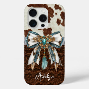 Cowhide Brown Leather Jewelled Bow iPhone 15 Pro Case