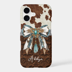 Cowhide Brown Leather Jewelled Bow iPhone 17 Case