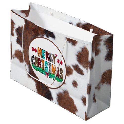 Cowhide Brown White Merry Christmas Large Gift Bag