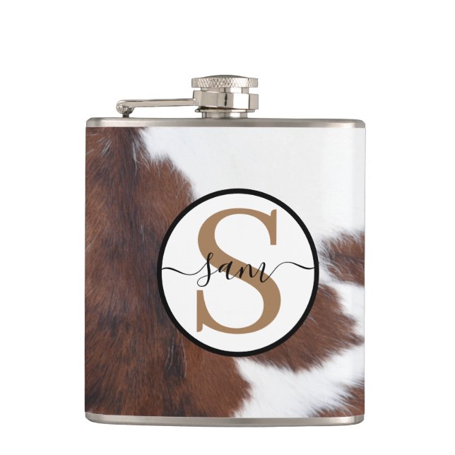 Cowhide Brown White Monogram Flash Drive Flask (Front)