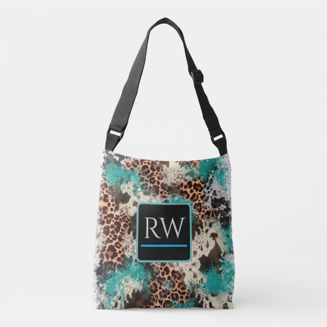 Cowhide Leopard Print Turquoise Tote Bag (Front)