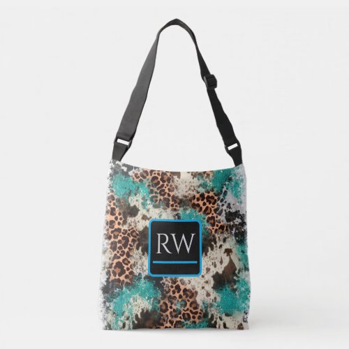 Cowhide Leopard Print Turquoise Tote Bag