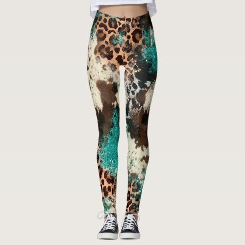 Cowhide Leopard Print Turquoise Womens Leggings