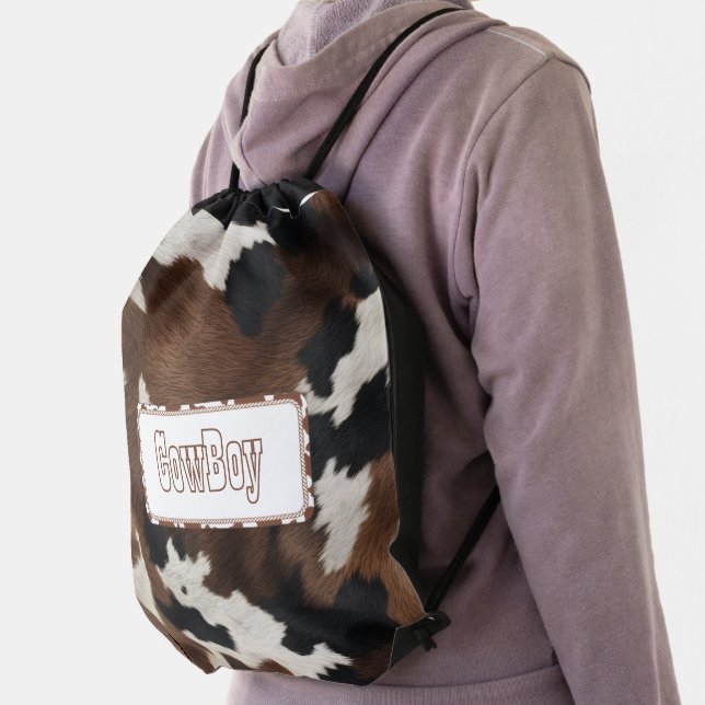 Cowhide Print Drawstring Bag – Stylish Western Cow (Insitu)
