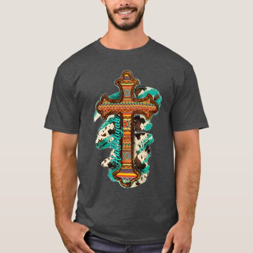 Cowhide Turquoise Western Aztec Cross Christian T_Shirt