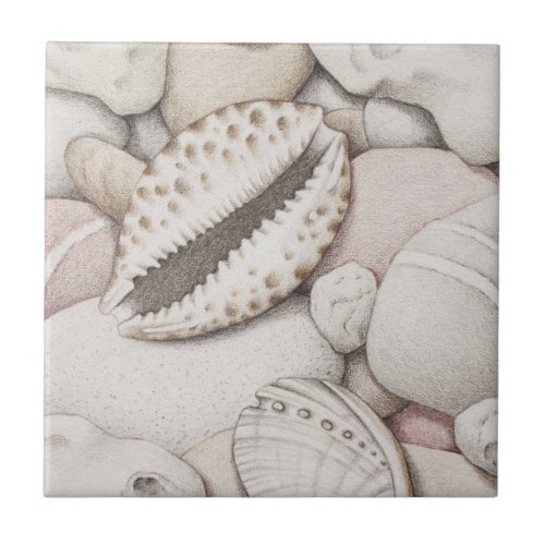 Cowrie  Abalone Shells and Pebbles Ceramic Tile