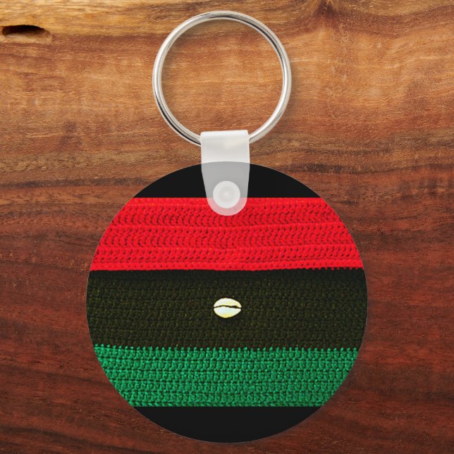 Cowrie Shell Red Black and Green Crochet Print on Keychain (Front)