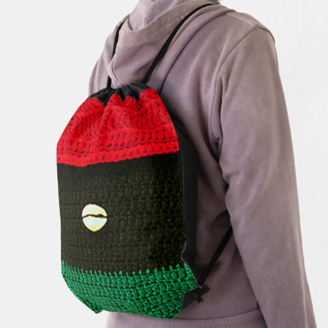 Cowrie Shell Red Black Green Artisan Crochet Print Drawstring Bag (Insitu)