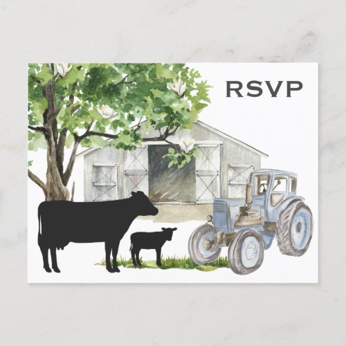 Cows and Tractor Country Farm Wedding RSVP Postcard