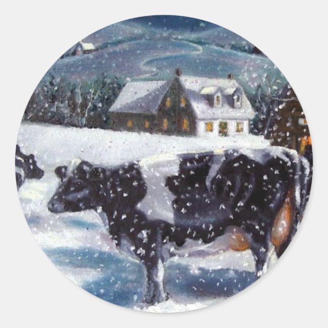 COWS: CHRISTMAS: SNOW: ART: HOLTEIN CLASSIC ROUND STICKER (Front)
