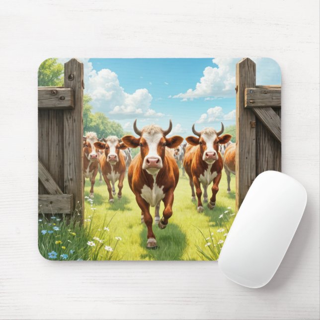 Cows Escaping Out of a Pasture Mouse Pad (With Mouse)