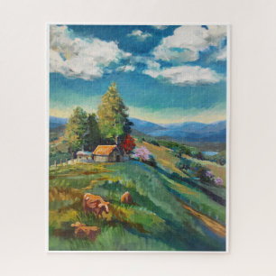 Cows grazing, distant hills jigsaw puzzle