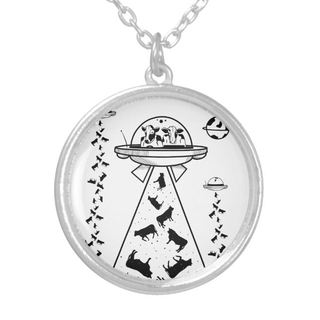 Cows in a UFO spaceship Silver Plated Necklace (Front)