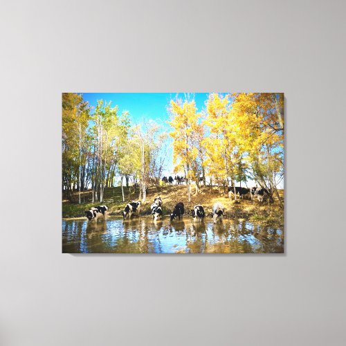 Cows in Autumn at the Pond Canvas Print