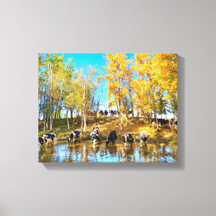 Cows in Autumn at the Pond Canvas Print