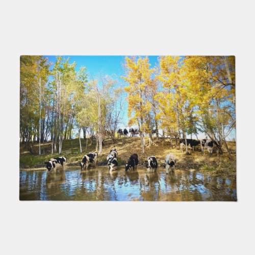 Cows in Autumn at the Pond  Door Mat