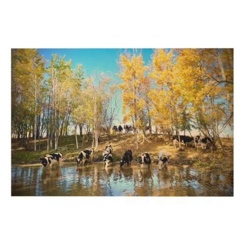 Cows in Autumn at the Pond Wood Wall Art