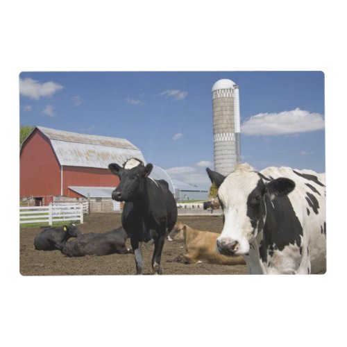 Cows in front of a red barn and silo on a farm 2 placemat