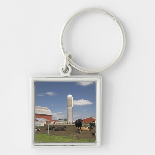 Cows in front of a red barn and silo on a farm keychain