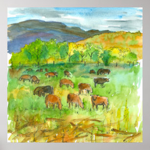 Cows In Pasture Farm Animal Watercolor Painting Poster