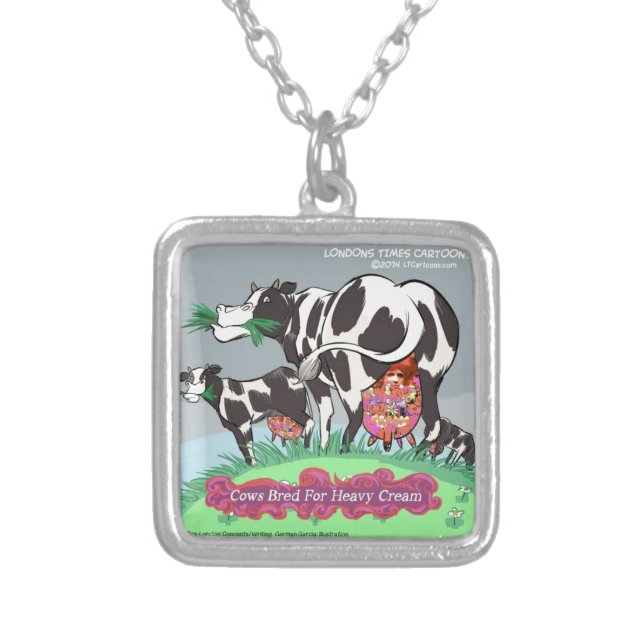 Cows Making Heavy Cream Funny Cartoon Silver Plated Necklace (Front)