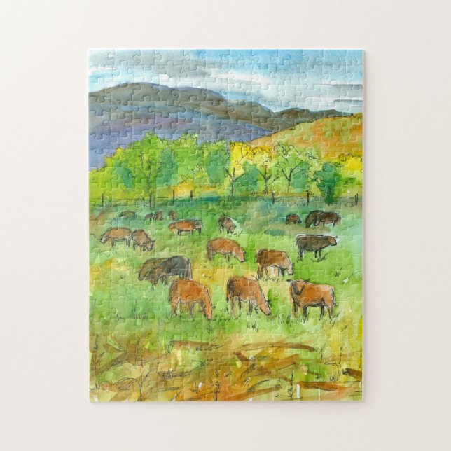 Cows Mountain Pasture Watercolor Jigsaw Puzzle (Vertical)