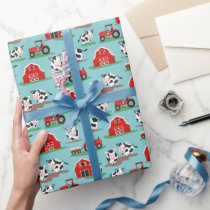 Cows On The Farm Barn and Tractors Red and Blue Wrapping Paper