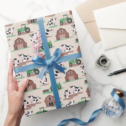 Cows On The Farm Barn and Tractors Tan and Green Wrapping Paper