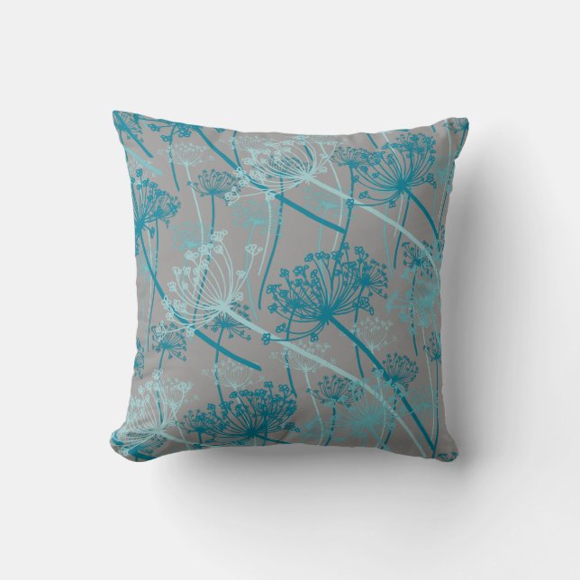 Cows parsley graphic grey aqua blue throw pillow (Front)