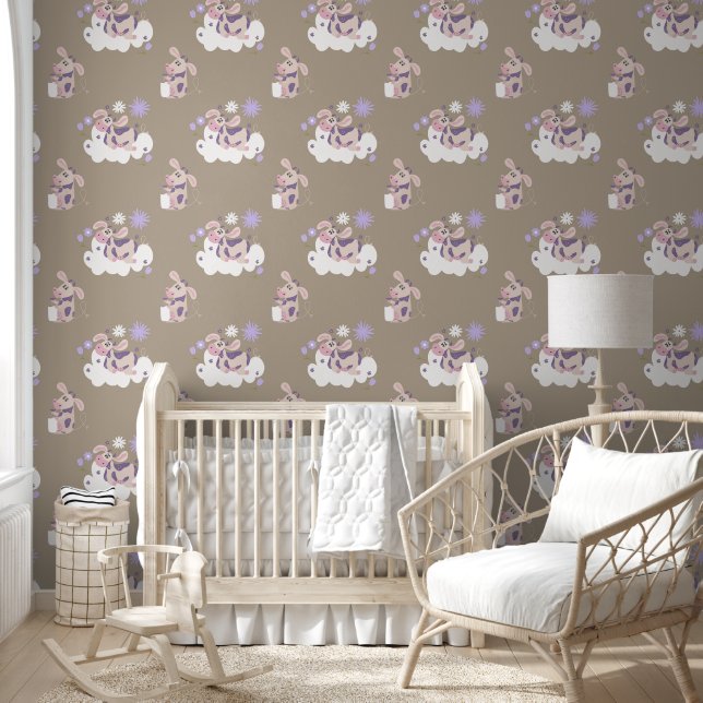 Cows Purple Tan on White Clouds Wallpaper (Kids)