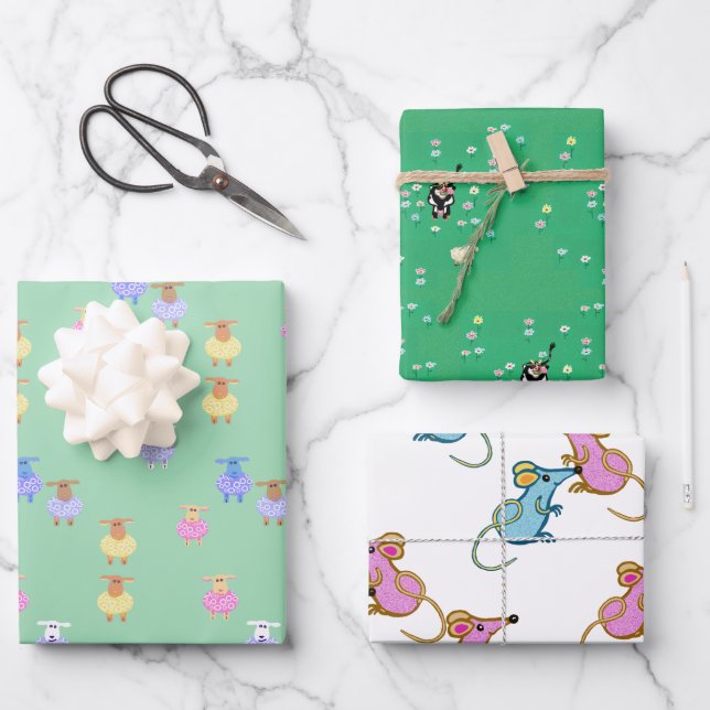 cows sheep lambs mice childrens wrapping paper sheets (Front)