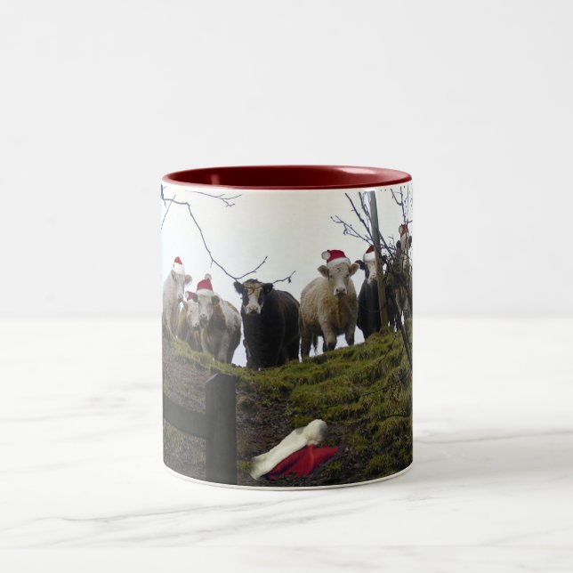 Cows wearing Santa hats Christmas gift mug. Two-Tone Coffee Mug (Center)